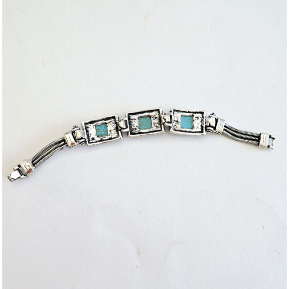 Faux Turquoise Bracelet Blue Geometric Silvertone Southwestern Aztec Boho Tribal - Picture 7 of 9